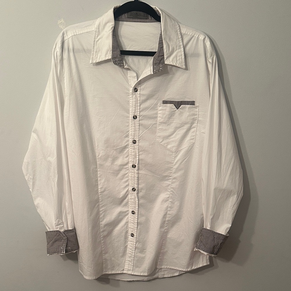 Doublju Men's White and Black Casual Button Down Shirt